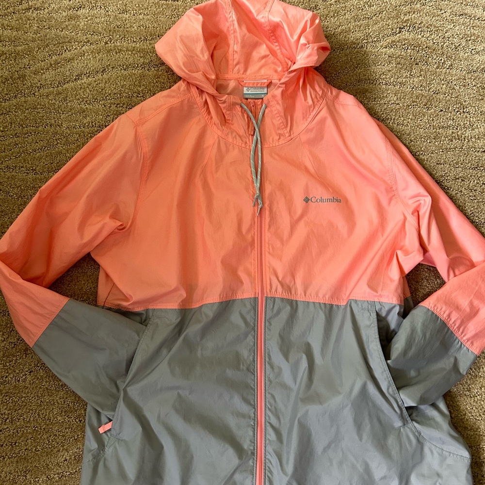 Lightweight Columbia rain jacket gray and coral